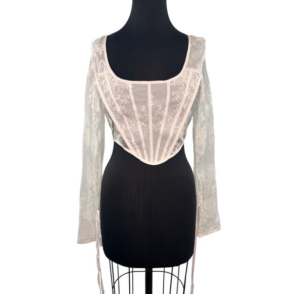 Pretty Little Thing Cream Corset Top Floral Sheer Lace Scoop Back Zip UK 12 NEW - Picture 1 of 5